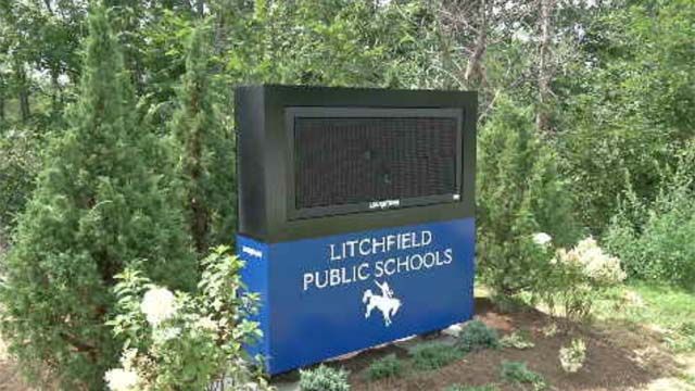 A Litchfield school sign was ruined by vandals. (WFSB)
